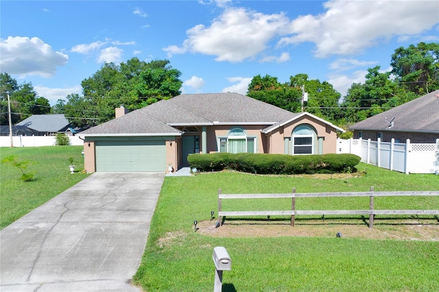 single story home featuring a garage and a front lawn