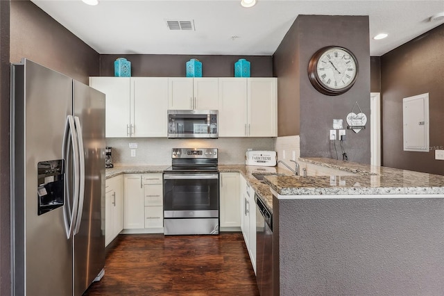 kitchen featuring dark hardwood / wood-style flooring, light stone counters, electric panel, stainless steel appliances, and kitchen peninsula