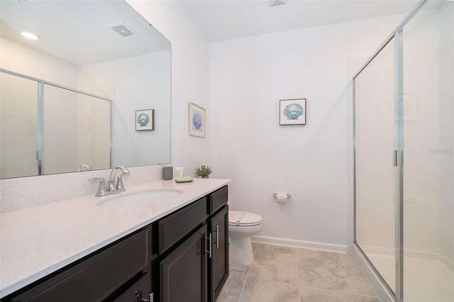 bathroom with visible vents, toilet, a stall shower, vanity, and baseboards