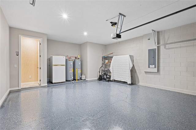 garage with electric water heater, a garage door opener, white refrigerator, and electric panel