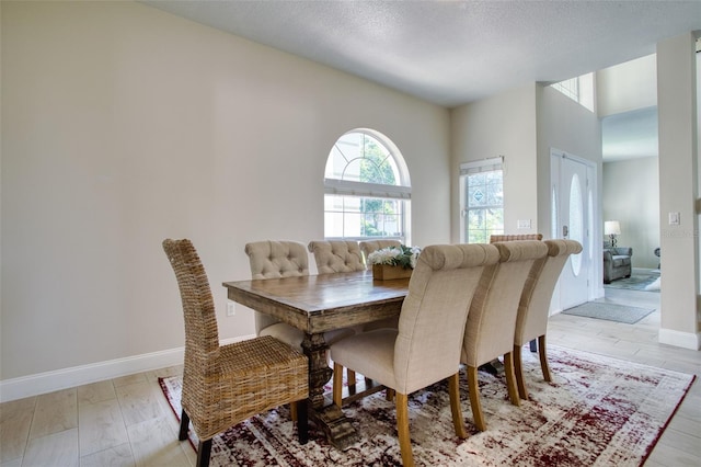 dining room featuring light wood-type flooring and a textured ceiling