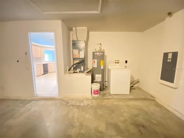 garage featuring washer / clothes dryer, gas water heater, heating unit, and electric panel