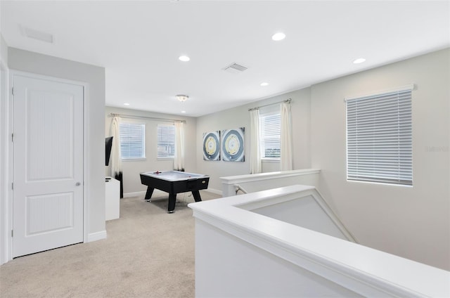 playroom with visible vents, baseboards, light colored carpet, pool table, and recessed lighting