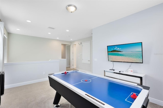 playroom featuring recessed lighting, light carpet, and baseboards