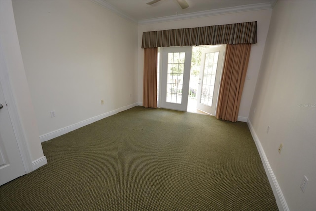 carpeted spare room featuring ceiling fan and ornamental molding