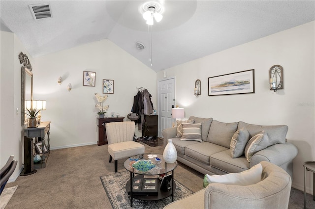 living room with carpet, vaulted ceiling, and ceiling fan