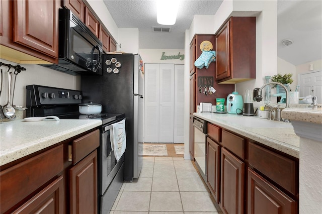 kitchen with sink, stainless steel electric stove, a textured ceiling, dishwasher, and light tile patterned floors