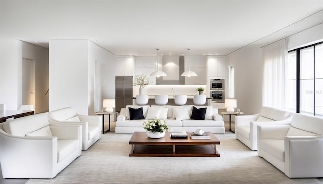 carpeted living room with sink and plenty of natural light