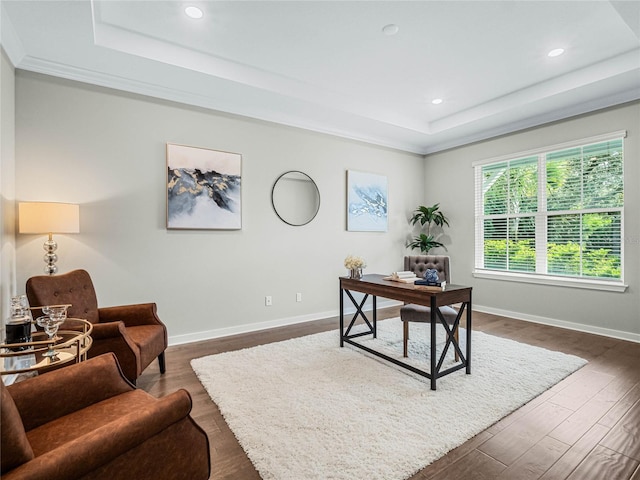 office with a tray ceiling and dark wood-type flooring