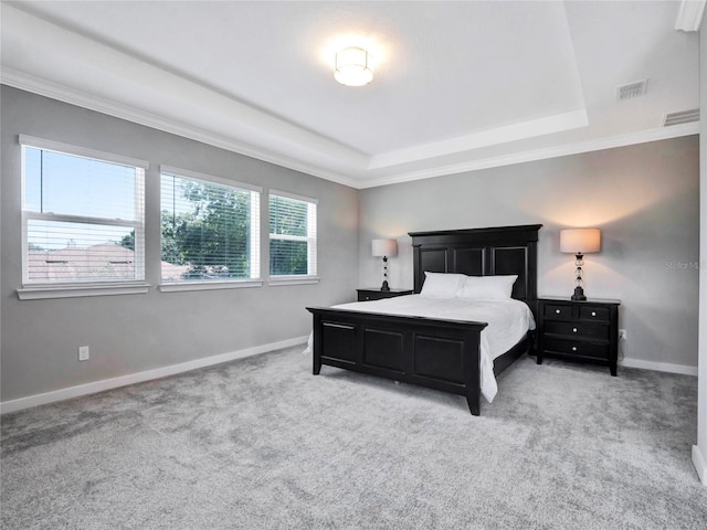 carpeted bedroom featuring a raised ceiling and ornamental molding