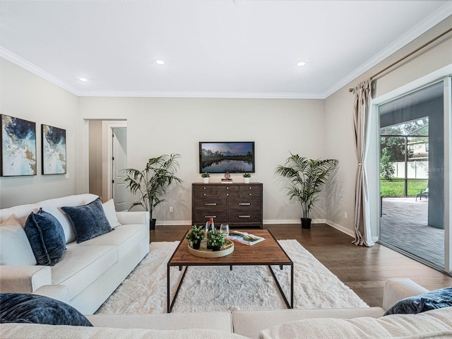 living room featuring hardwood / wood-style floors and ornamental molding