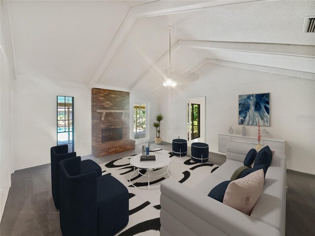 carpeted living room with vaulted ceiling, plenty of natural light, brick wall, and a fireplace