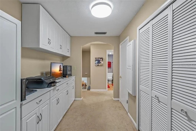 kitchen with white cabinetry and light colored carpet