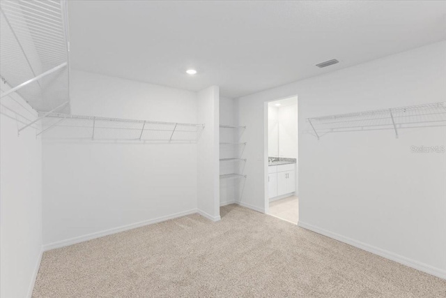 walk in closet with light colored carpet