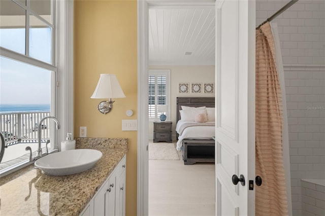 bathroom featuring vanity, curtained shower, wood-type flooring, and a water view