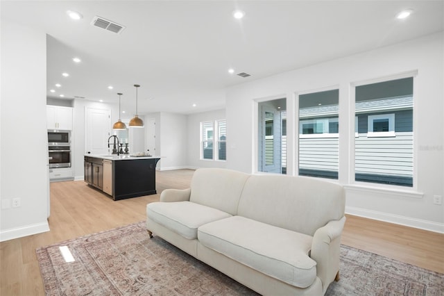 living room with sink and light wood-type flooring