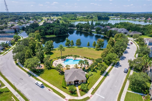 drone / aerial view featuring a water view