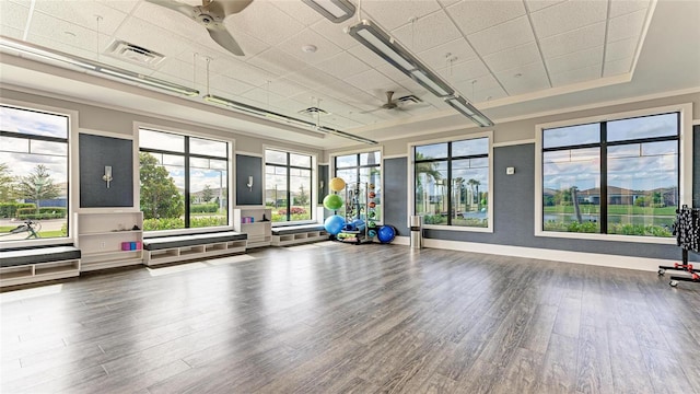 workout area with wood-type flooring, ceiling fan, and a raised ceiling