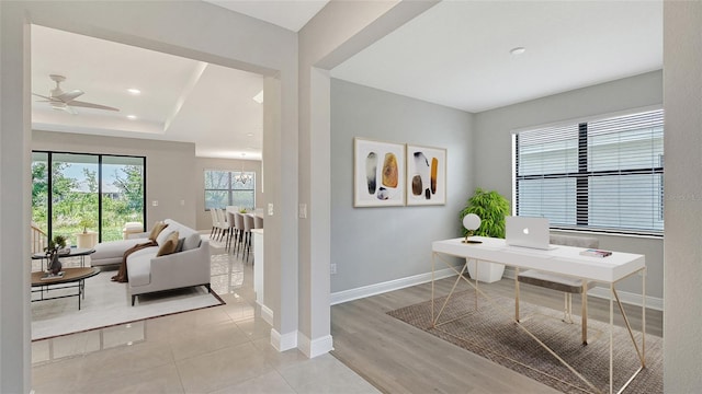 4990 Fairhope Cir, Lakewood Ranch, FL 34211 - office with baseboards, a ceiling fan, recessed lighting, wood finished floors, and a chandelier