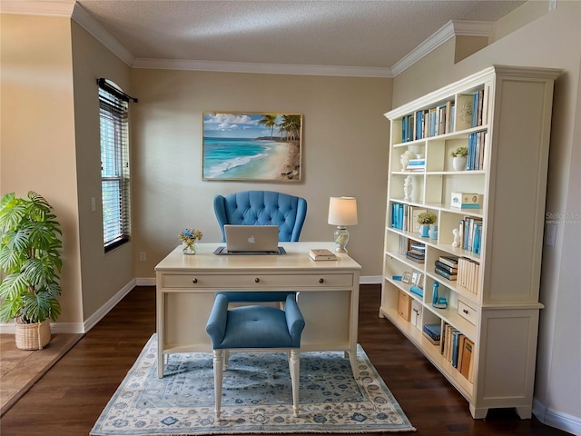 home office with a textured ceiling, dark hardwood / wood-style floors, and ornamental molding