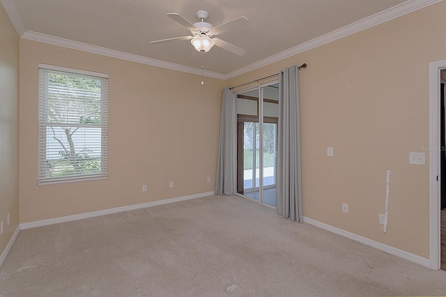 carpeted spare room with a textured ceiling, ceiling fan, and ornamental molding