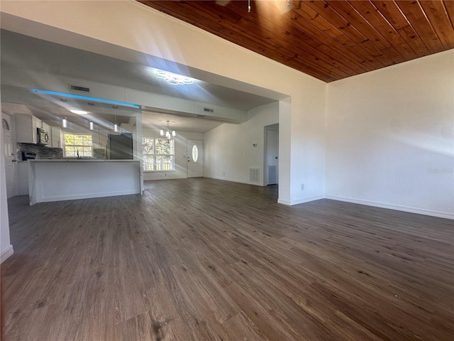 unfurnished living room featuring wood ceiling, dark wood-type flooring, lofted ceiling, and a notable chandelier