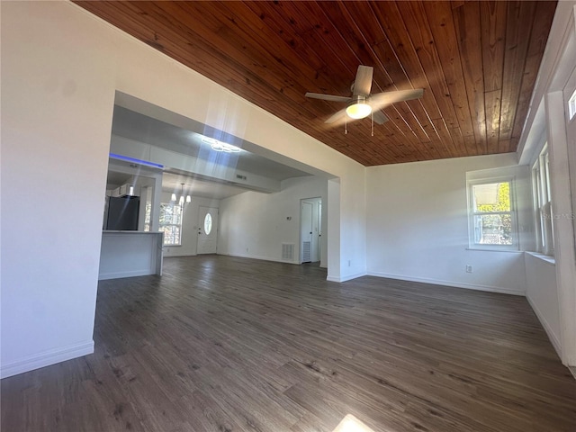 unfurnished living room with dark wood-type flooring, ceiling fan, and wooden ceiling