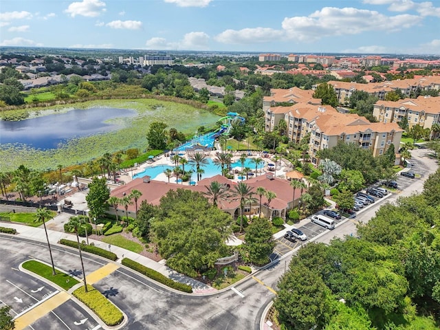 drone / aerial view with a water view