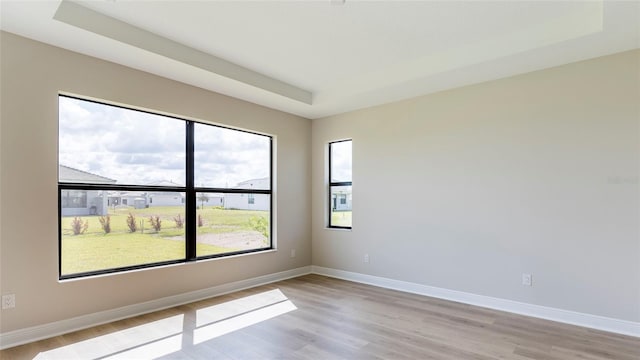 unfurnished room with a tray ceiling and light hardwood / wood-style flooring