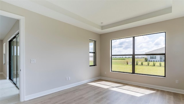 spare room featuring a tray ceiling and light hardwood / wood-style flooring