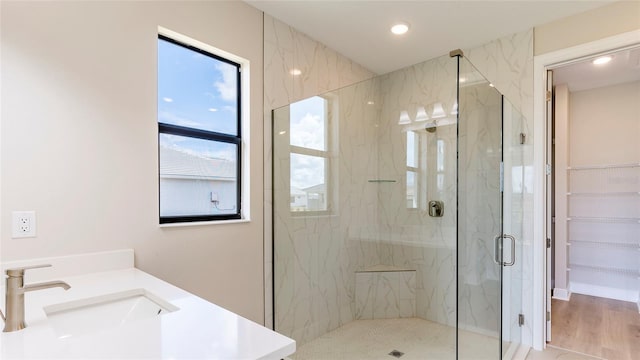 bathroom featuring vanity, hardwood / wood-style flooring, and an enclosed shower