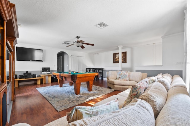 rec room with ceiling fan, pool table, dark hardwood / wood-style floors, and ornamental molding