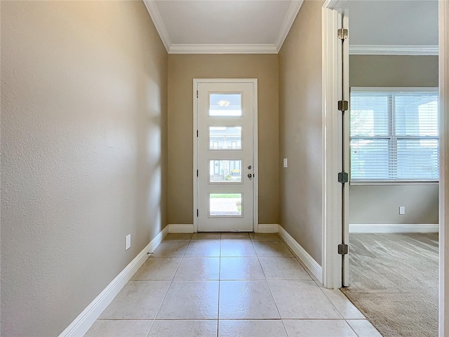 doorway with light carpet and ornamental molding