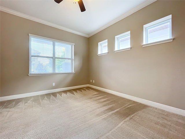 unfurnished room with carpet floors, ceiling fan, and ornamental molding