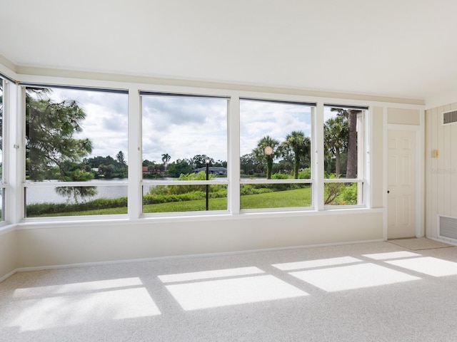 spare room with light carpet and a water view