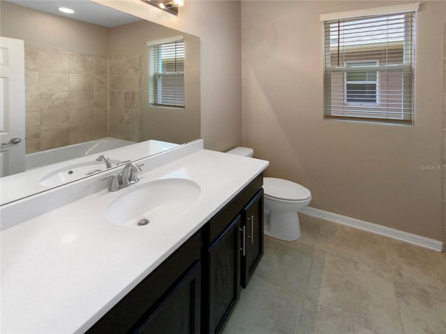 bathroom featuring a healthy amount of sunlight, vanity, toilet, and baseboards