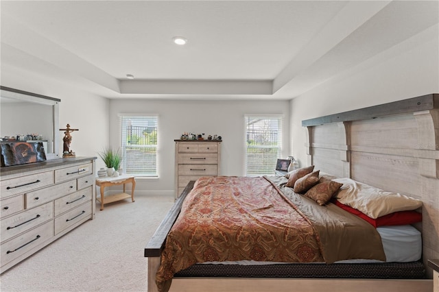 carpeted bedroom featuring a tray ceiling