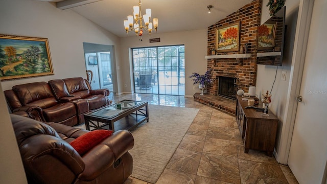 living room featuring a notable chandelier, lofted ceiling with beams, and a fireplace