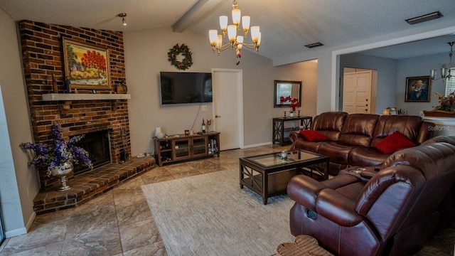 living room featuring a chandelier, a fireplace, lofted ceiling with beams, and a textured ceiling