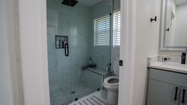 bathroom featuring an enclosed shower, vanity, and toilet