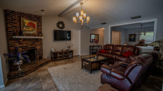 living room with a brick fireplace, lofted ceiling with beams, a textured ceiling, and an inviting chandelier