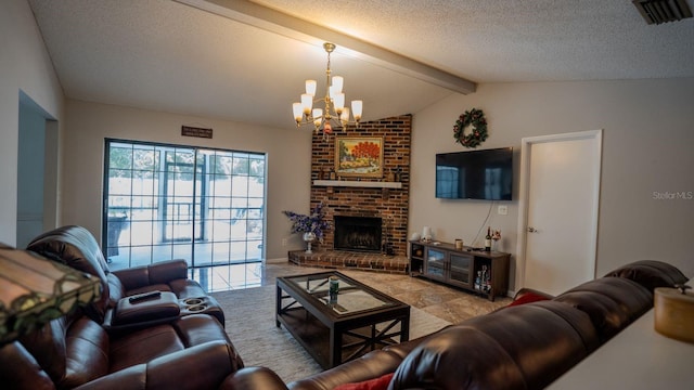 living room with vaulted ceiling with beams, a chandelier, and a brick fireplace