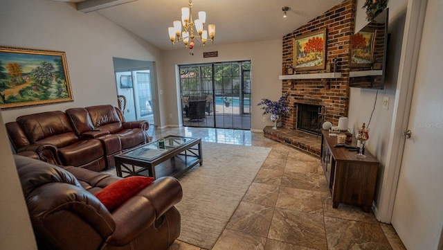 living room with vaulted ceiling with beams, an inviting chandelier, and a brick fireplace