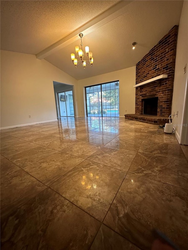 unfurnished living room with a brick fireplace, vaulted ceiling with beams, a textured ceiling, and a chandelier