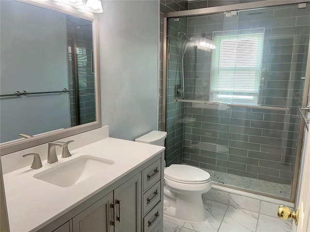 bathroom with toilet, an enclosed shower, tile patterned flooring, and vanity