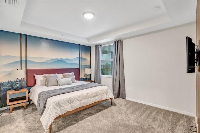 bedroom featuring a tray ceiling and carpet floors