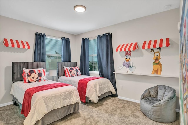 bedroom featuring light carpet