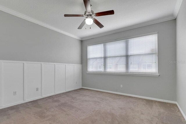 carpeted spare room with ceiling fan and ornamental molding