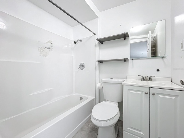 bathroom with toilet, vanity, and bathing tub / shower combination