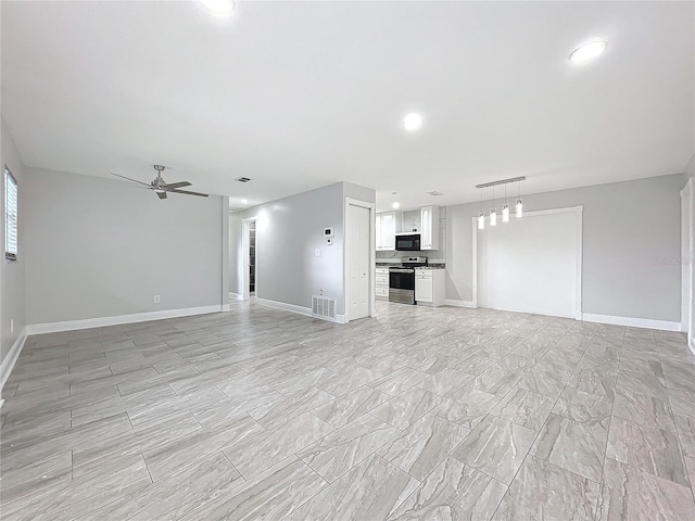 unfurnished living room with recessed lighting, visible vents, baseboards, and a ceiling fan